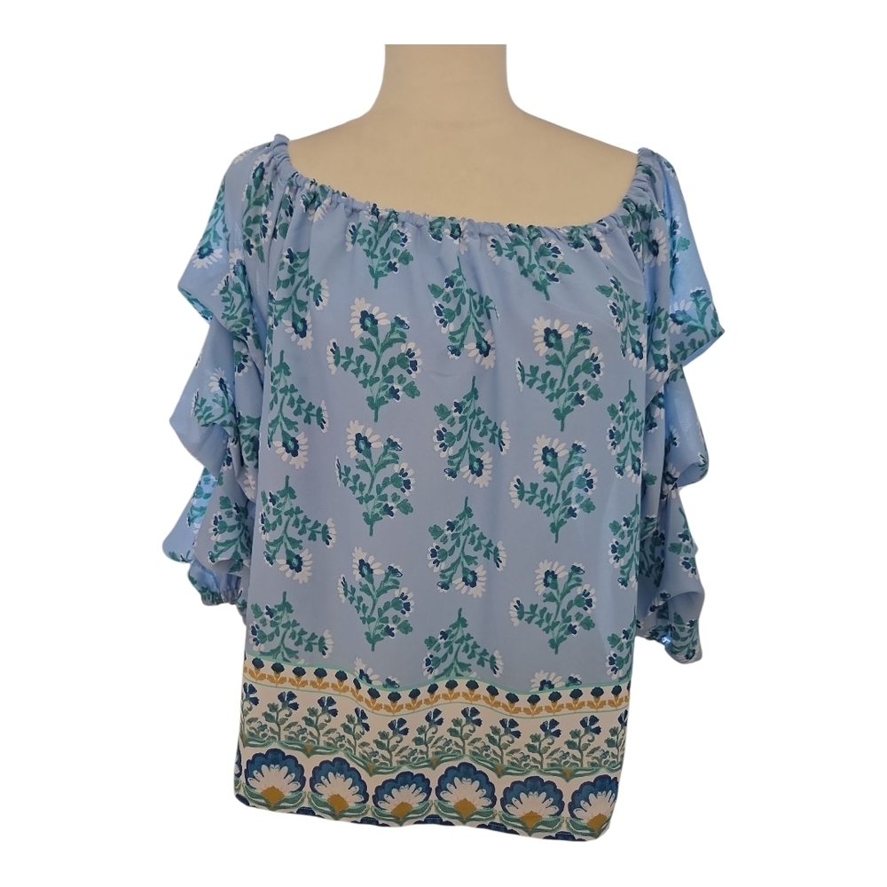 CeCe Blue and Green Patterned Off-Shoulder Blouse